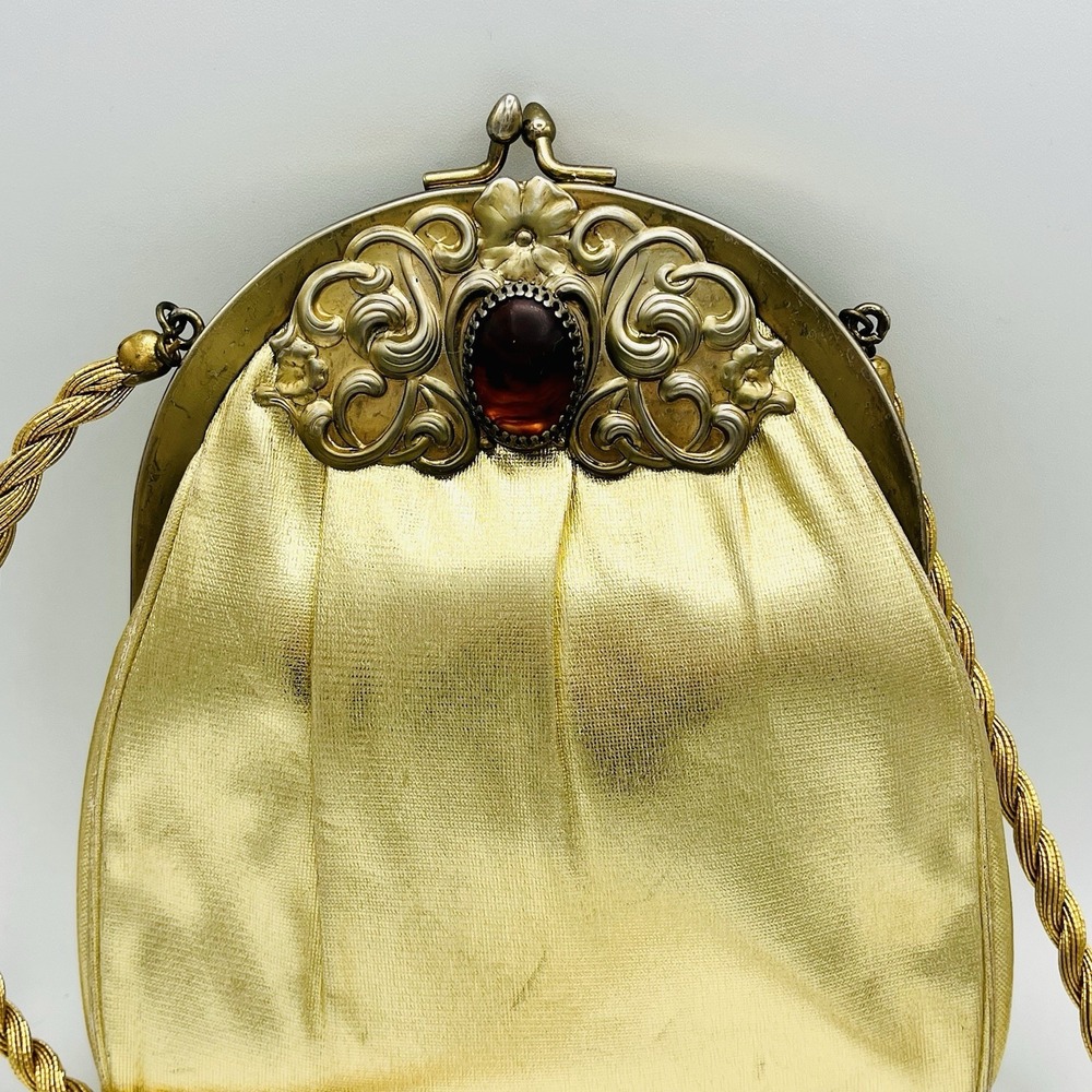 Vintage Harry Levine Evening Bag Gold Amber Stone Matching Coin Purse Kisslock - Picture 2 of 12